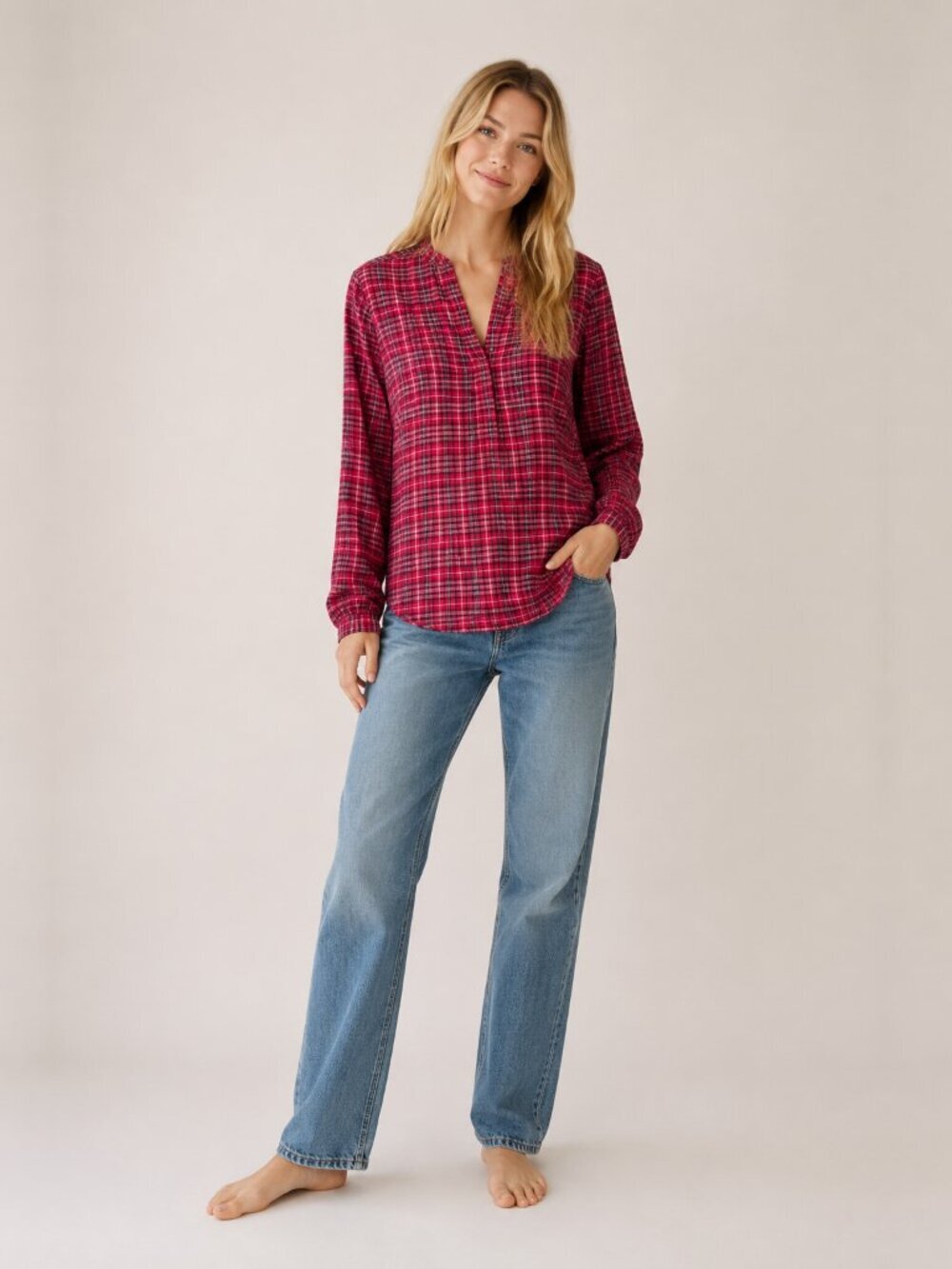 2/$30 Lands' End Plaid Long Sleeve Popover Blouse Red 14T #A2160